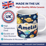 Personalized Custom Name Solar System Sun Earth Saturn Planets Stars Seamless Navy 11oz Ceramic Coffee Tea Mug White Large Handle