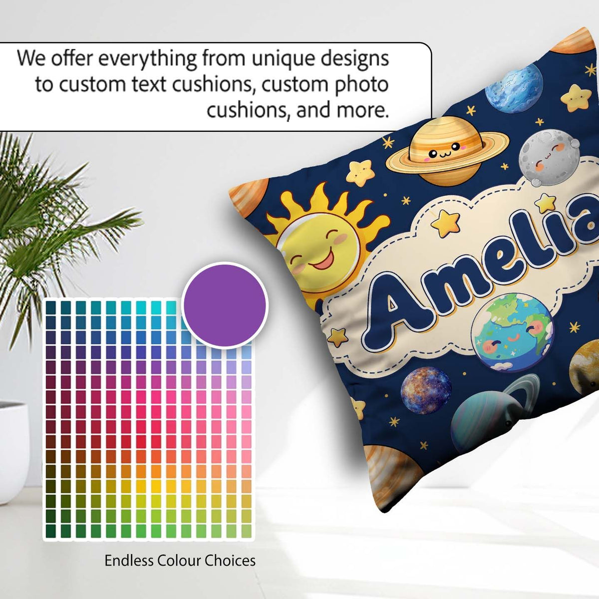 Custom Name Solar System Sun Earth Saturn Planets Stars Seamless Square Filled Cushion Throw Pillow Sofa Bed Home Decor Zip Washable UK Made