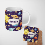 Personalized Custom Name Solar System Sun Earth Saturn Planets Stars Seamless Purple 11oz Ceramic Coffee Tea Mug White Large Handle