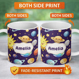 Personalized Custom Name Solar System Sun Earth Saturn Planets Stars Seamless Purple 11oz Ceramic Coffee Tea Mug White Large Handle