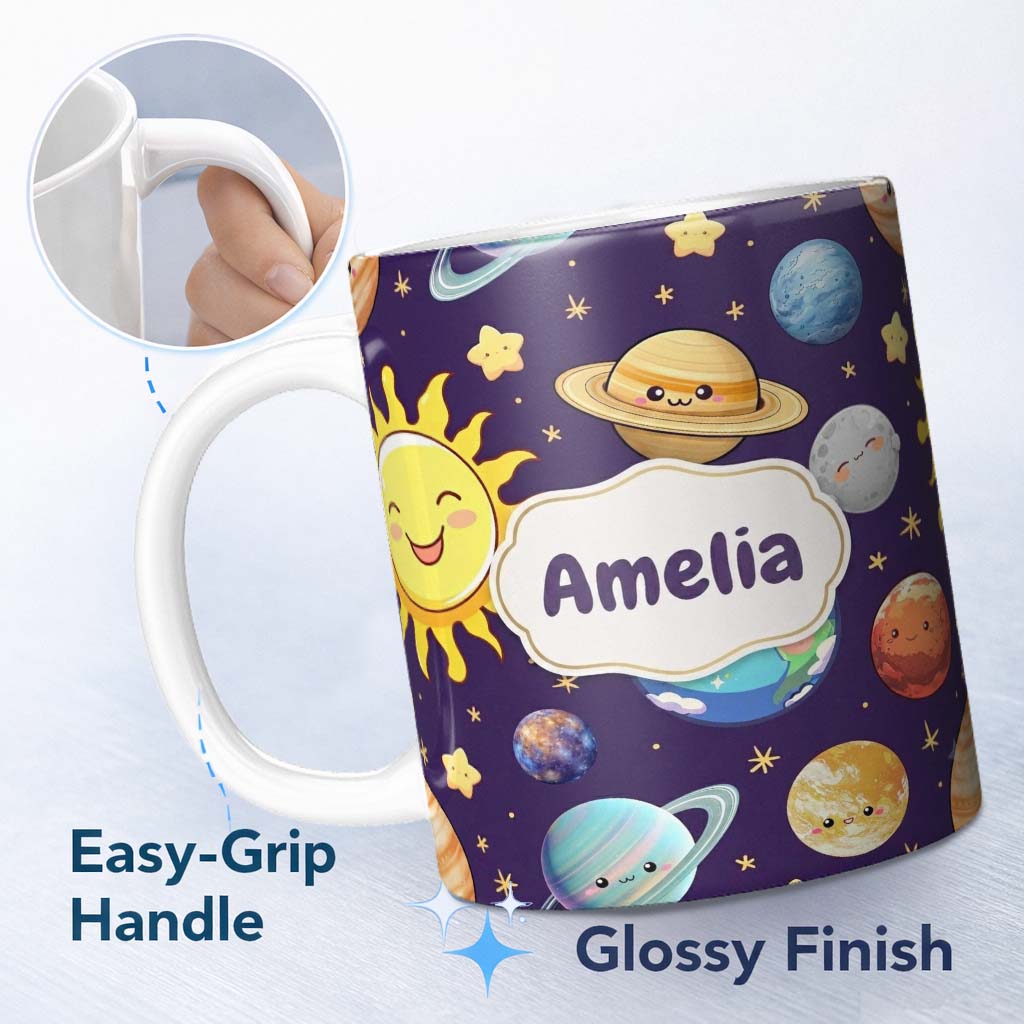 Personalized Custom Name Solar System Sun Earth Saturn Planets Stars Seamless Purple 11oz Ceramic Coffee Tea Mug White Large Handle
