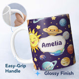 Personalized Custom Name Solar System Sun Earth Saturn Planets Stars Seamless Purple 11oz Ceramic Coffee Tea Mug White Large Handle