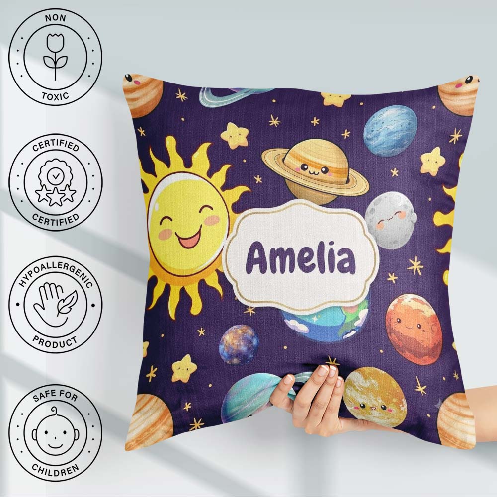Custom Name Solar System Sun Earth Saturn Planets Stars Seamless Square Filled Cushion Throw Pillow Sofa Bed Home Decor Zip Washable UK Made