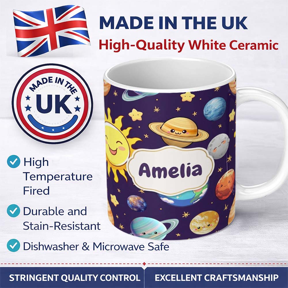 Personalized Custom Name Solar System Sun Earth Saturn Planets Stars Seamless Purple 11oz Ceramic Coffee Tea Mug White Large Handle