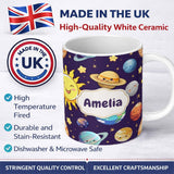 Personalized Custom Name Solar System Sun Earth Saturn Planets Stars Seamless Purple 11oz Ceramic Coffee Tea Mug White Large Handle