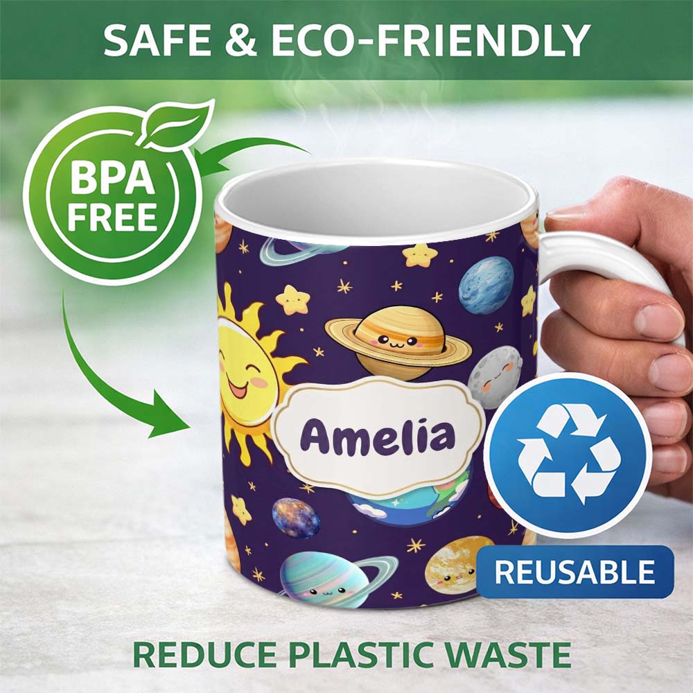 Personalized Custom Name Solar System Sun Earth Saturn Planets Stars Seamless Purple 11oz Ceramic Coffee Tea Mug White Large Handle
