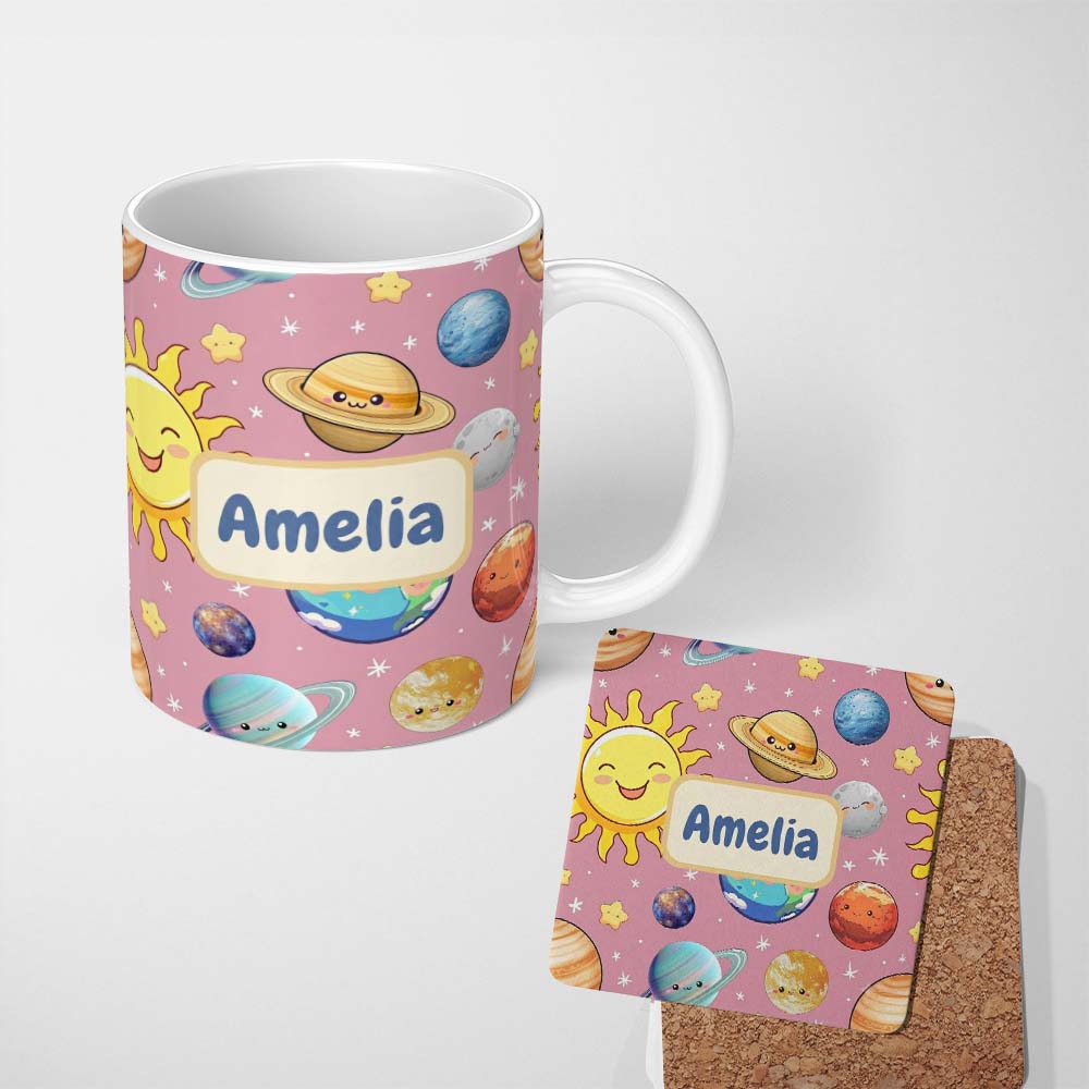 Personalized Custom Name Solar System Sun Earth Saturn Planets Stars Seamless Pink 11oz Ceramic Coffee Tea Mug White Large Handle
