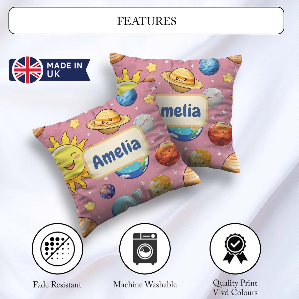 Custom Name Solar System Sun Earth Saturn Planets Stars Seamless Square Filled Cushion Throw Pillow Sofa Bed Home Decor Zip Washable UK Made