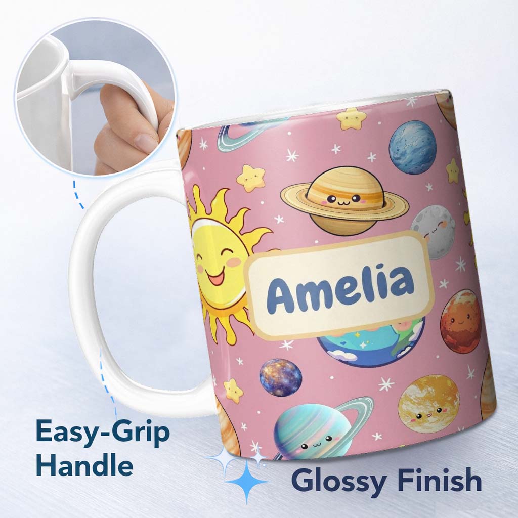 Personalized Custom Name Solar System Sun Earth Saturn Planets Stars Seamless Pink 11oz Ceramic Coffee Tea Mug White Large Handle
