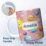 Personalized Custom Name Solar System Sun Earth Saturn Planets Stars Seamless Pink 11oz Ceramic Coffee Tea Mug White Large Handle