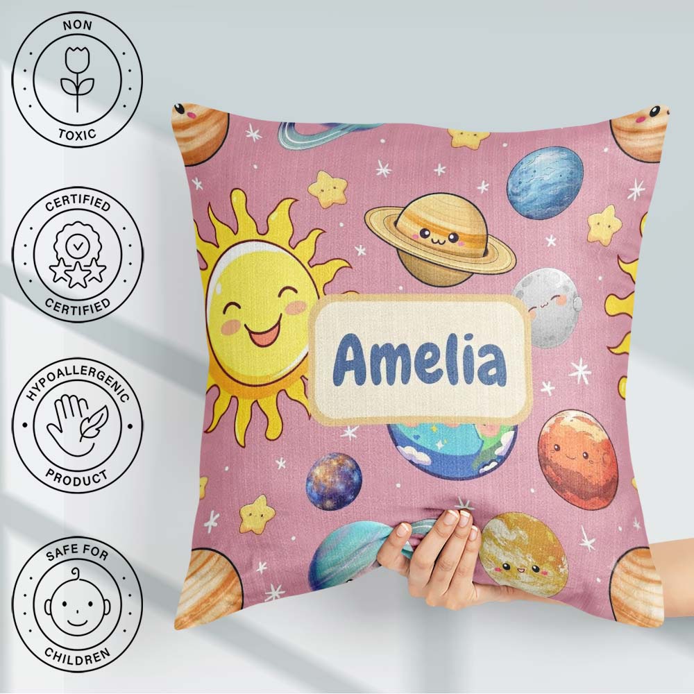Custom Name Solar System Sun Earth Saturn Planets Stars Seamless Square Filled Cushion Throw Pillow Sofa Bed Home Decor Zip Washable UK Made
