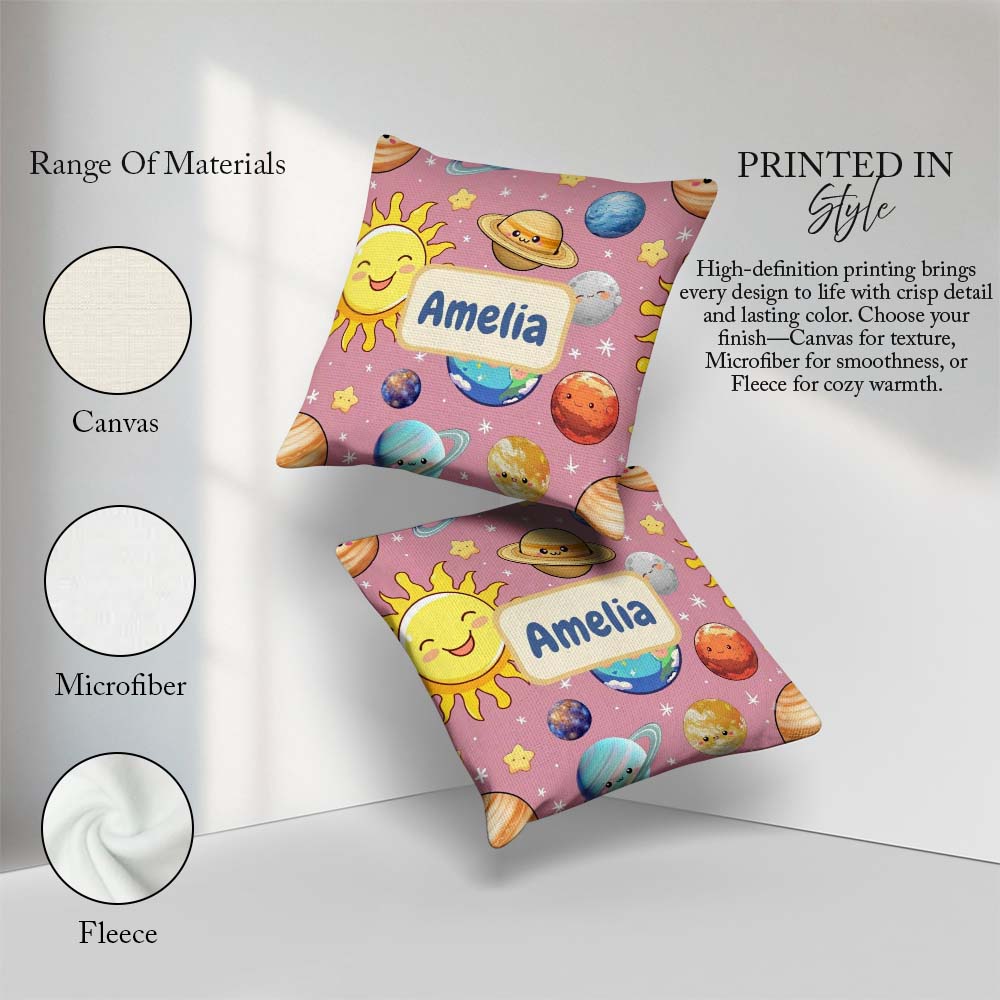Custom Name Solar System Sun Earth Saturn Planets Stars Seamless Square Filled Cushion Throw Pillow Sofa Bed Home Decor Zip Washable UK Made