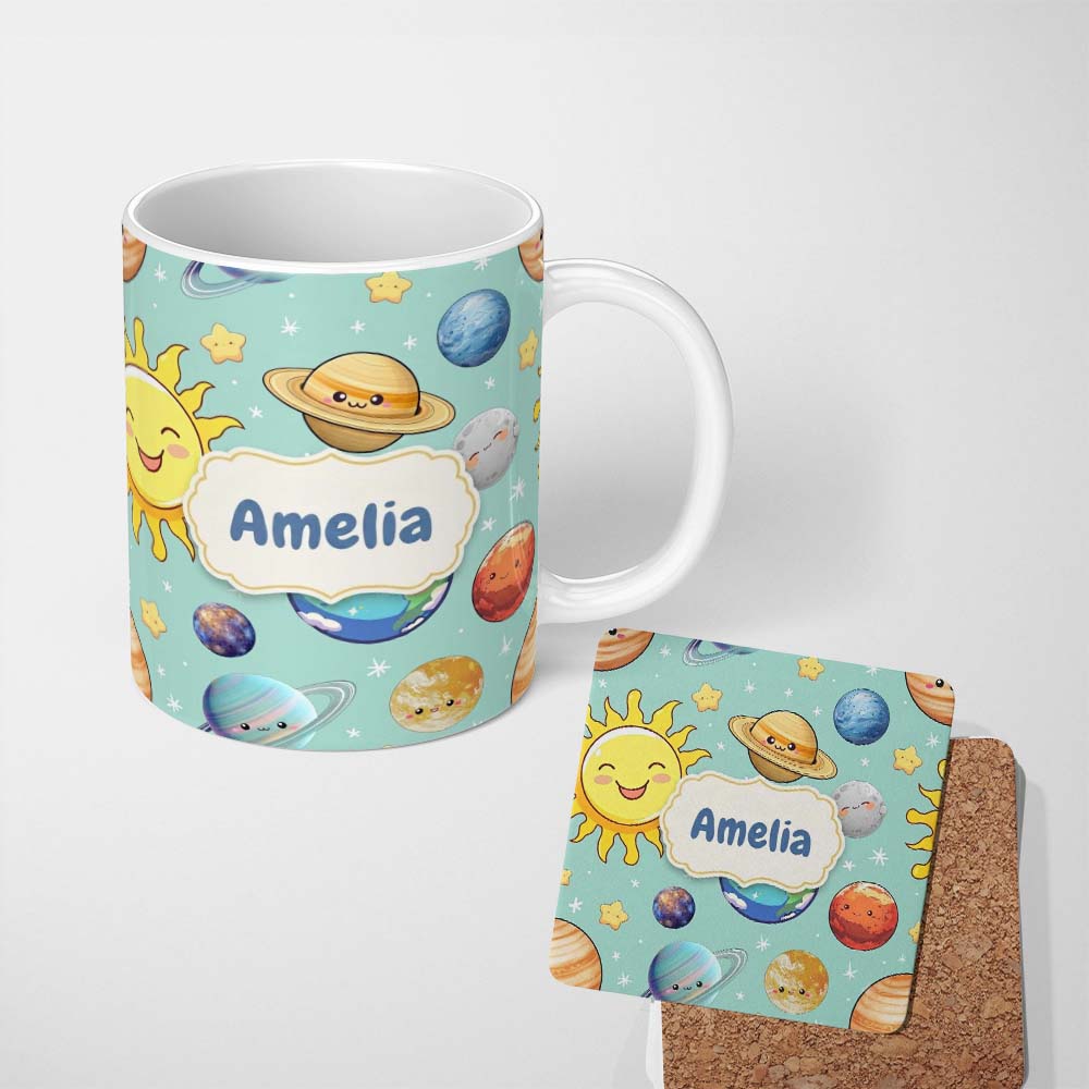 Personalized Custom Name Solar System Sun Earth Saturn Planets Stars Seamless Mint 11oz Ceramic Coffee Tea Mug White Large Handle