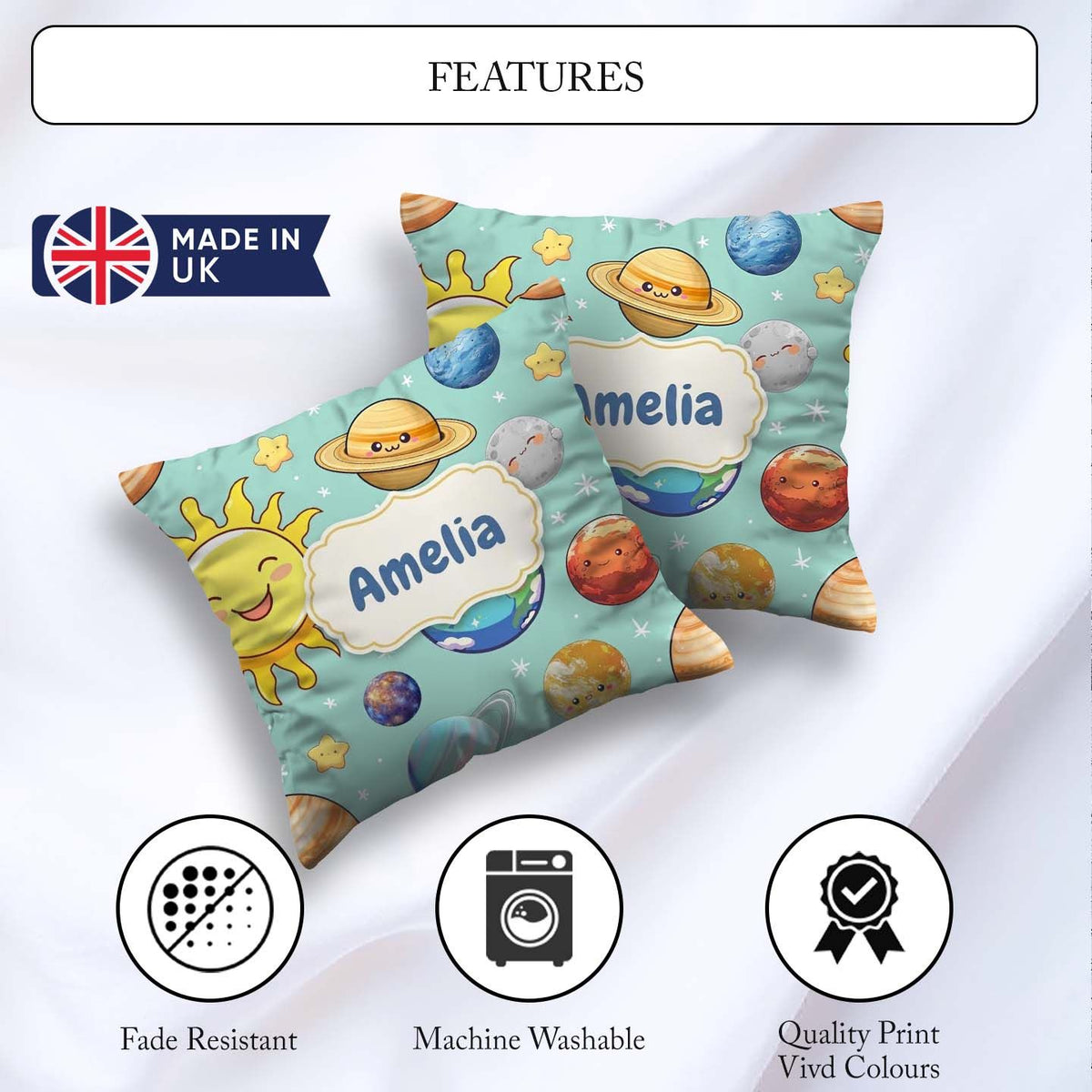 Custom Name Solar System Sun Earth Saturn Planets Stars Seamless Square Filled Cushion Throw Pillow Sofa Bed Home Decor Zip Washable UK Made