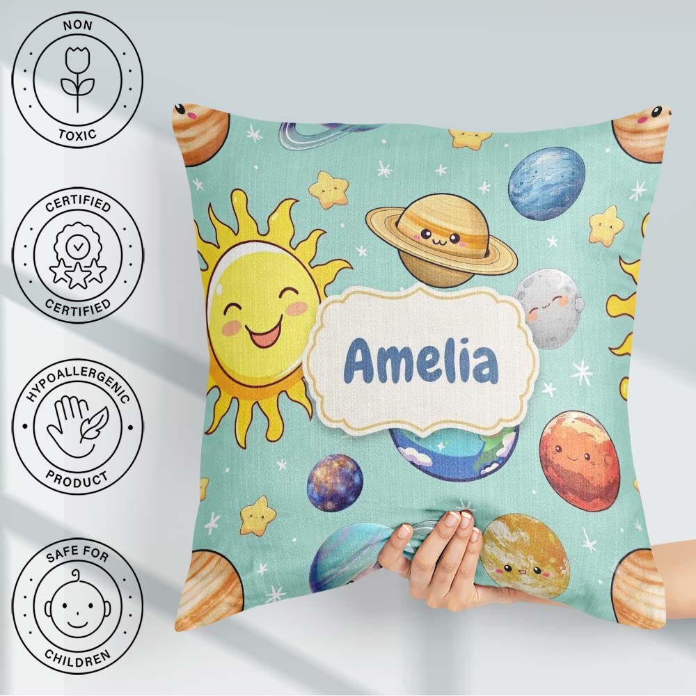 Custom Name Solar System Sun Earth Saturn Planets Stars Seamless Square Filled Cushion Throw Pillow Sofa Bed Home Decor Zip Washable UK Made