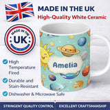 Personalized Custom Name Solar System Sun Earth Saturn Planets Stars Seamless Mint 11oz Ceramic Coffee Tea Mug White Large Handle