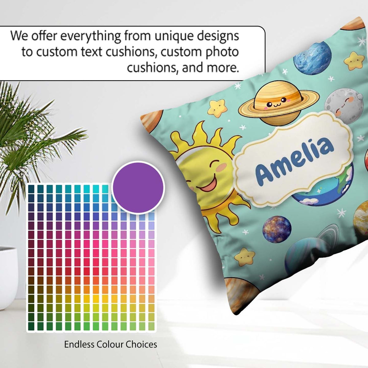 Custom Name Solar System Sun Earth Saturn Planets Stars Seamless Square Filled Cushion Throw Pillow Sofa Bed Home Decor Zip Washable UK Made