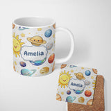Personalized Custom Name Solar System Sun Earth Saturn Planets Stars Seamless Grey 11oz Ceramic Coffee Tea Mug White Large Handle