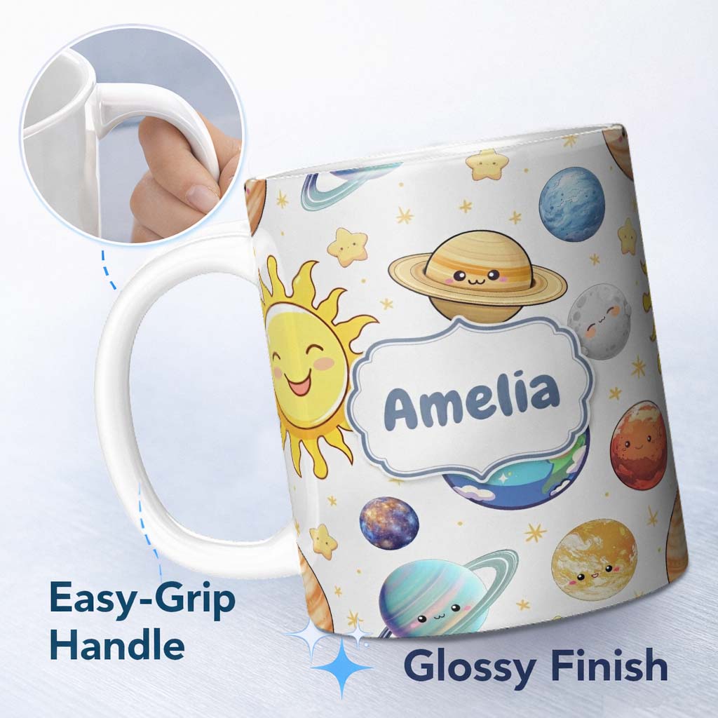 Personalized Custom Name Solar System Sun Earth Saturn Planets Stars Seamless Grey 11oz Ceramic Coffee Tea Mug White Large Handle