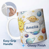 Personalized Custom Name Solar System Sun Earth Saturn Planets Stars Seamless Grey 11oz Ceramic Coffee Tea Mug White Large Handle