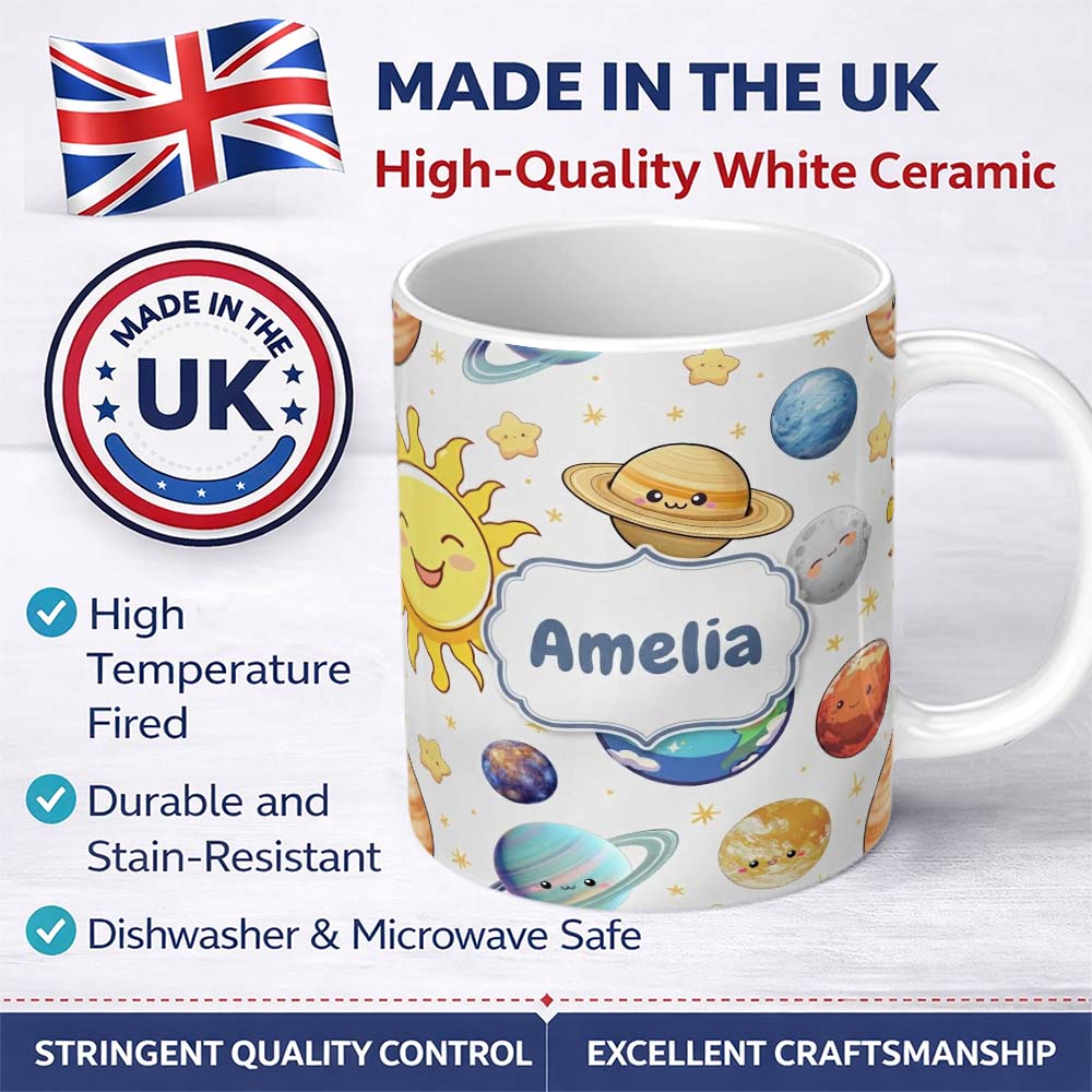 Personalized Custom Name Solar System Sun Earth Saturn Planets Stars Seamless Grey 11oz Ceramic Coffee Tea Mug White Large Handle