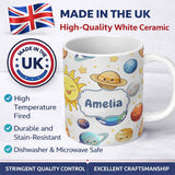 Personalized Custom Name Solar System Sun Earth Saturn Planets Stars Seamless Grey 11oz Ceramic Coffee Tea Mug White Large Handle