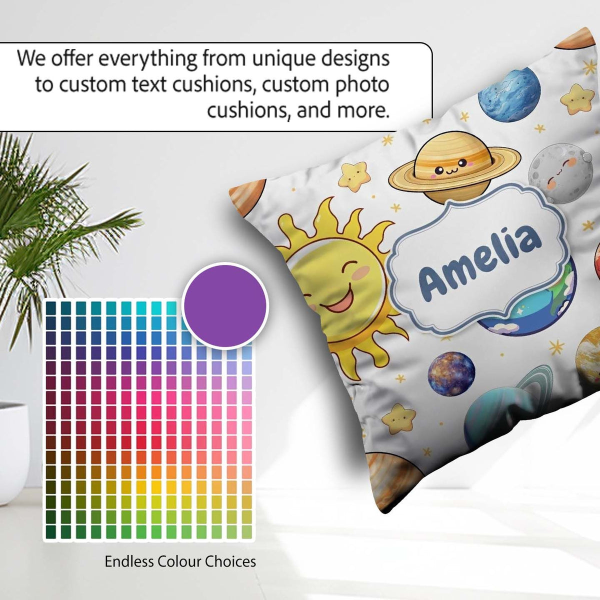 Custom Name Solar System Sun Earth Saturn Planets Stars Seamless Square Filled Cushion Throw Pillow Sofa Bed Home Decor Zip Washable UK Made