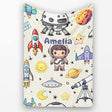 Space Astronaut Rockets UFO Telescope Stars Seamless Cream  Personalised Custom Name Super Soft Fleece Blanket Bed Sofa Throw