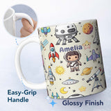 Personalized Custom Name Space Astronaut Rockets UFO Telescope Stars Seamless Cream 11oz Ceramic Coffee Tea Mug White Large Handle