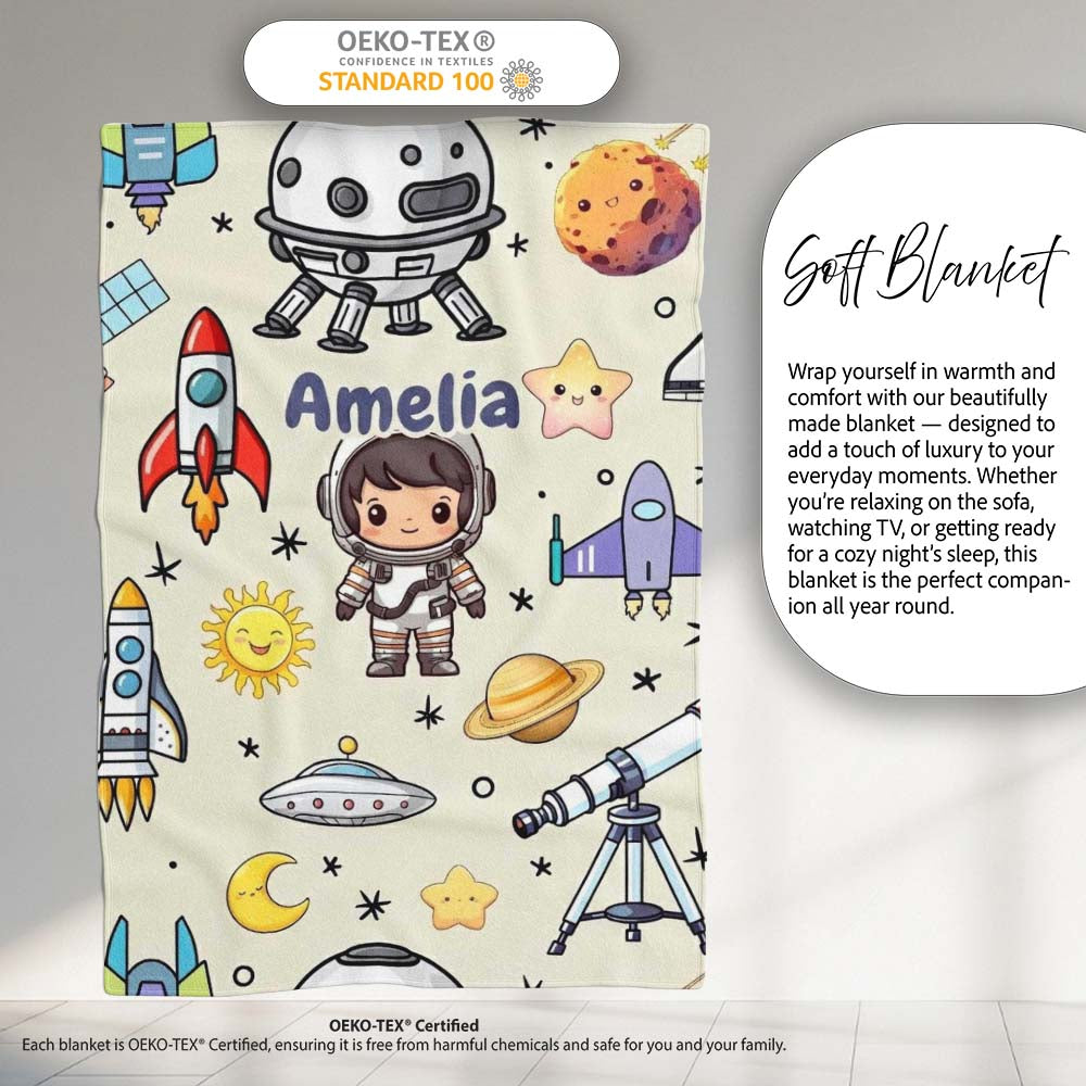 Space Astronaut Rockets UFO Telescope Stars Seamless Cream  Personalised Custom Name Super Soft Fleece Blanket Bed Sofa Throw