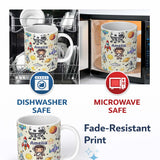 Personalized Custom Name Space Astronaut Rockets UFO Telescope Stars Seamless Cream 11oz Ceramic Coffee Tea Mug White Large Handle