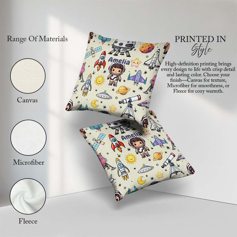 Custom Name Space Astronaut Rockets UFO Telescope Stars Seamless Square Filled Cushion Throw Pillow Sofa Bed Home Decor Zip Washable UK Made