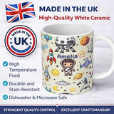 Personalized Custom Name Space Astronaut Rockets UFO Telescope Stars Seamless Cream 11oz Ceramic Coffee Tea Mug White Large Handle