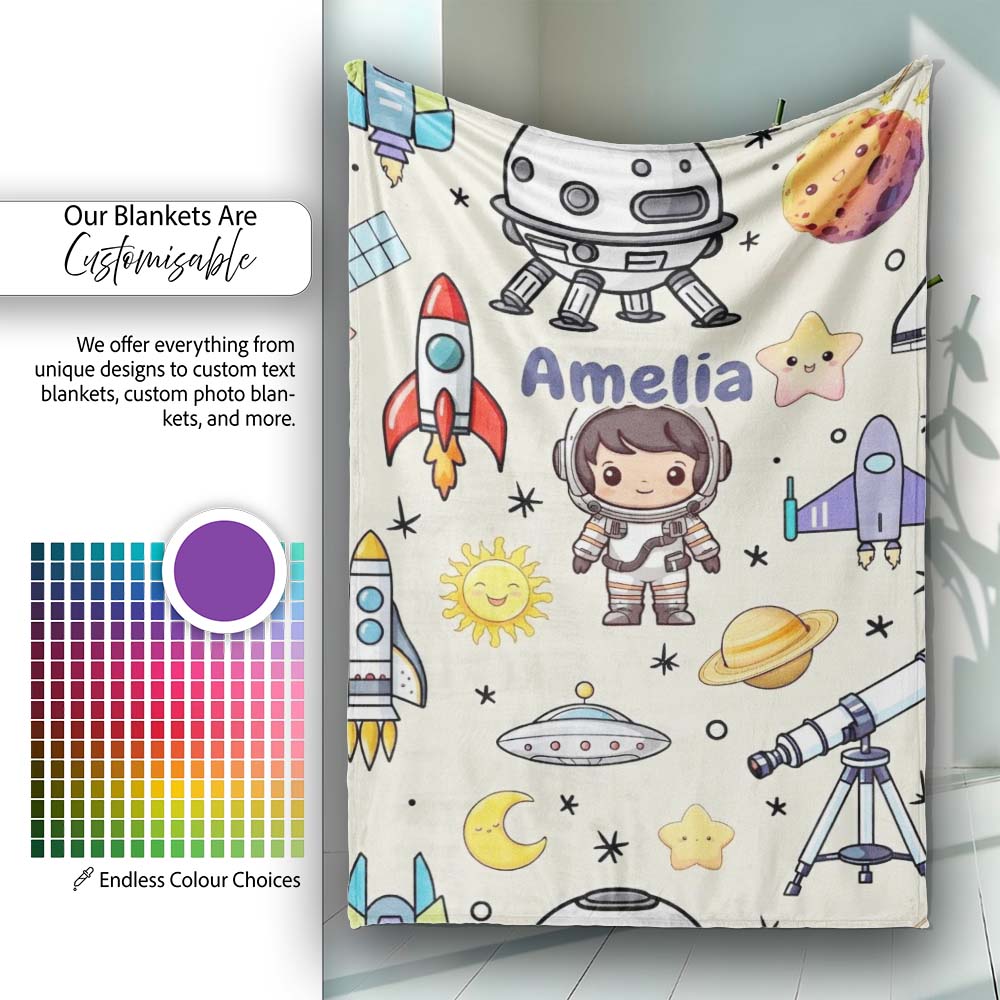 Space Astronaut Rockets UFO Telescope Stars Seamless Cream  Personalised Custom Name Super Soft Fleece Blanket Bed Sofa Throw