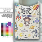 Space Astronaut Rockets UFO Telescope Stars Seamless Cream  Personalised Custom Name Super Soft Fleece Blanket Bed Sofa Throw