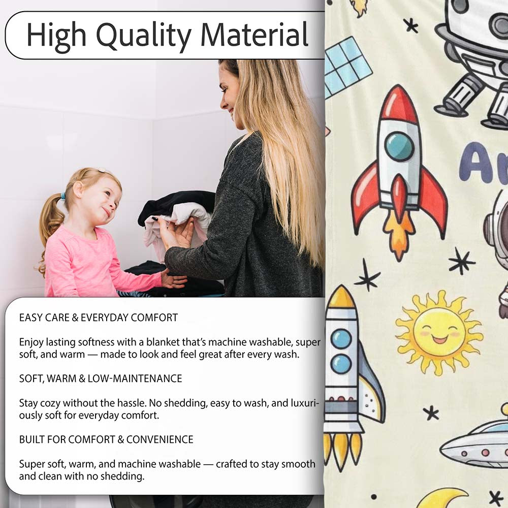 Space Astronaut Rockets UFO Telescope Stars Seamless Cream  Personalised Custom Name Super Soft Fleece Blanket Bed Sofa Throw
