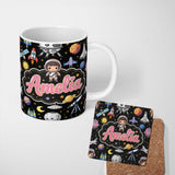 Personalized Custom Name Space Astronaut Rockets UFO Telescope Stars Seamless Black 11oz Ceramic Coffee Tea Mug White Large Handle
