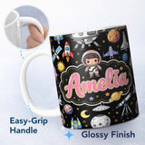 Personalized Custom Name Space Astronaut Rockets UFO Telescope Stars Seamless Black 11oz Ceramic Coffee Tea Mug White Large Handle