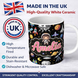 Personalized Custom Name Space Astronaut Rockets UFO Telescope Stars Seamless Black 11oz Ceramic Coffee Tea Mug White Large Handle