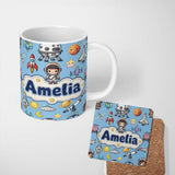 Personalized Custom Name Space Astronaut Rockets UFO Telescope Stars Seamless Blue 11oz Ceramic Coffee Tea Mug White Large Handle