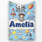 Space Astronaut Rockets UFO Telescope Stars Seamless Blue  Personalised Custom Name Super Soft Fleece Blanket Bed Sofa Throw