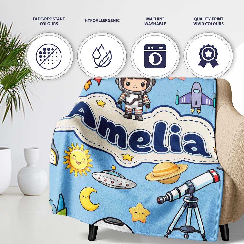 Space Astronaut Rockets UFO Telescope Stars Seamless Blue  Personalised Custom Name Super Soft Fleece Blanket Bed Sofa Throw