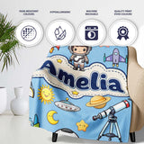 Space Astronaut Rockets UFO Telescope Stars Seamless Blue  Personalised Custom Name Super Soft Fleece Blanket Bed Sofa Throw