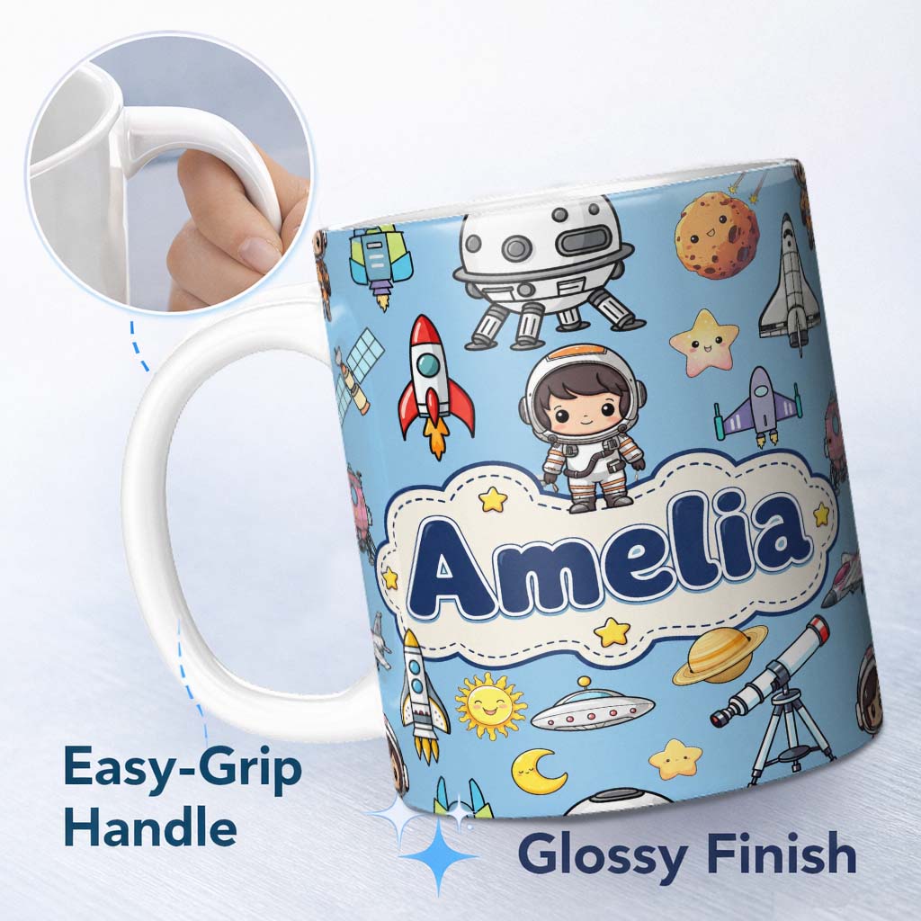 Personalized Custom Name Space Astronaut Rockets UFO Telescope Stars Seamless Blue 11oz Ceramic Coffee Tea Mug White Large Handle