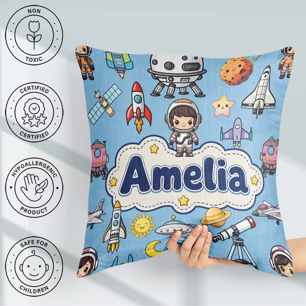 Custom Name Space Astronaut Rockets UFO Telescope Stars Seamless Square Filled Cushion Throw Pillow Sofa Bed Home Decor Zip Washable UK Made