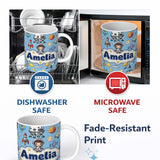 Personalized Custom Name Space Astronaut Rockets UFO Telescope Stars Seamless Blue 11oz Ceramic Coffee Tea Mug White Large Handle