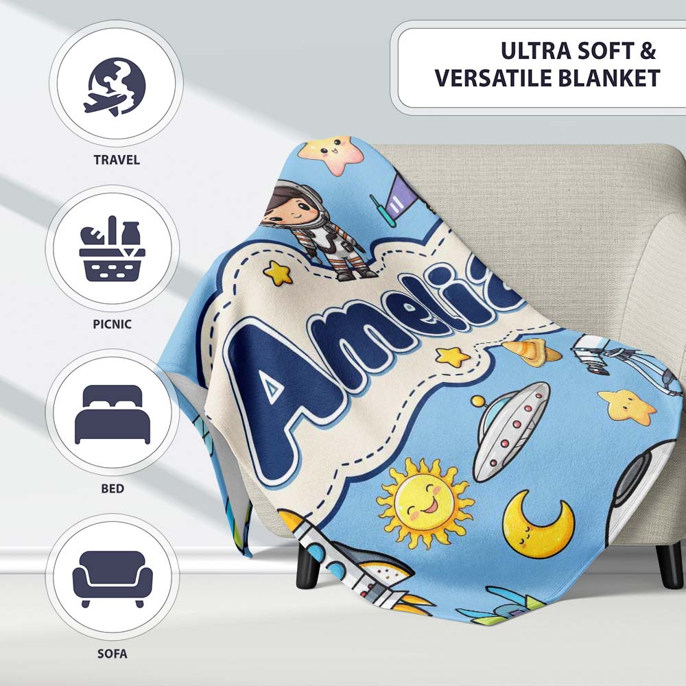 Space Astronaut Rockets UFO Telescope Stars Seamless Blue  Personalised Custom Name Super Soft Fleece Blanket Bed Sofa Throw