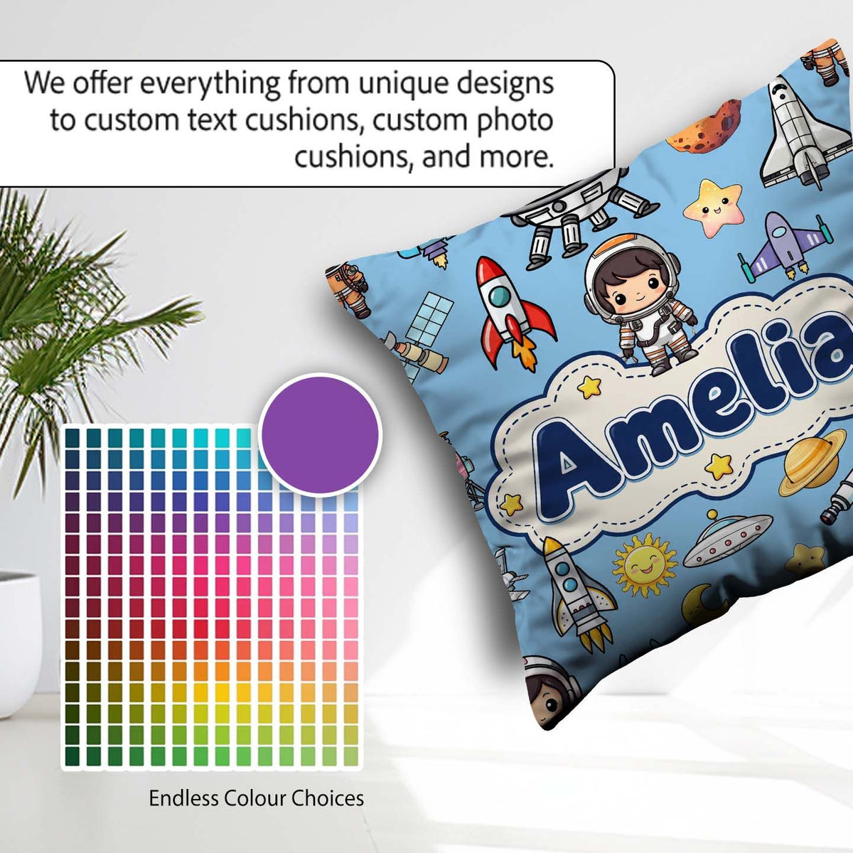 Custom Name Space Astronaut Rockets UFO Telescope Stars Seamless Square Filled Cushion Throw Pillow Sofa Bed Home Decor Zip Washable UK Made