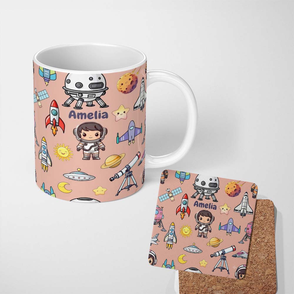 Personalized Custom Name Space Astronaut Rockets UFO Telescope Stars Seamless Peach 11oz Ceramic Coffee Tea Mug White Large Handle