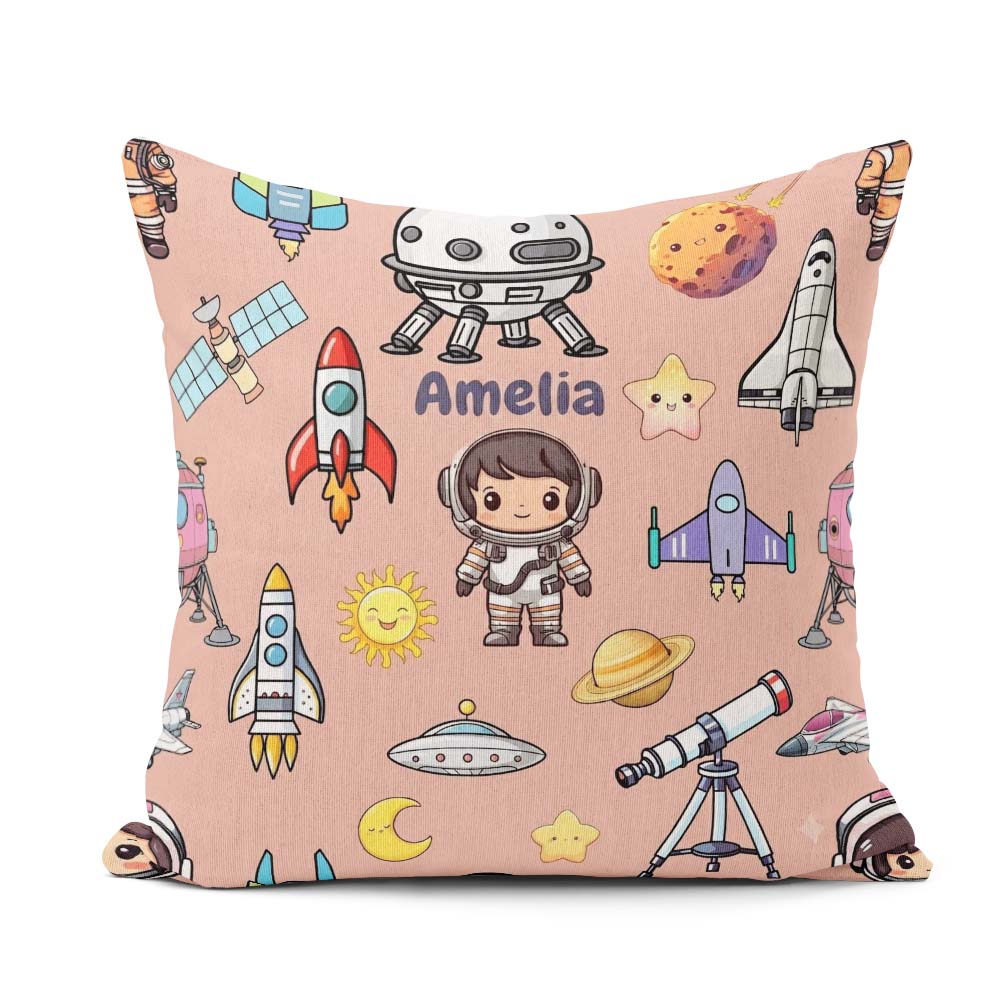 Custom Name Space Astronaut Rockets UFO Telescope Stars Seamless Square Filled Cushion Throw Pillow Sofa Bed Home Decor Zip Washable UK Made